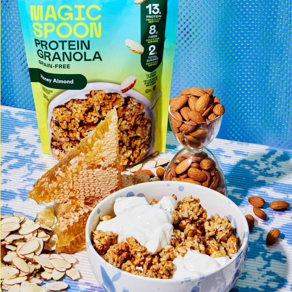 Magic Spoon granola close-up emphasizes gluten-free, grain-free ingredients.