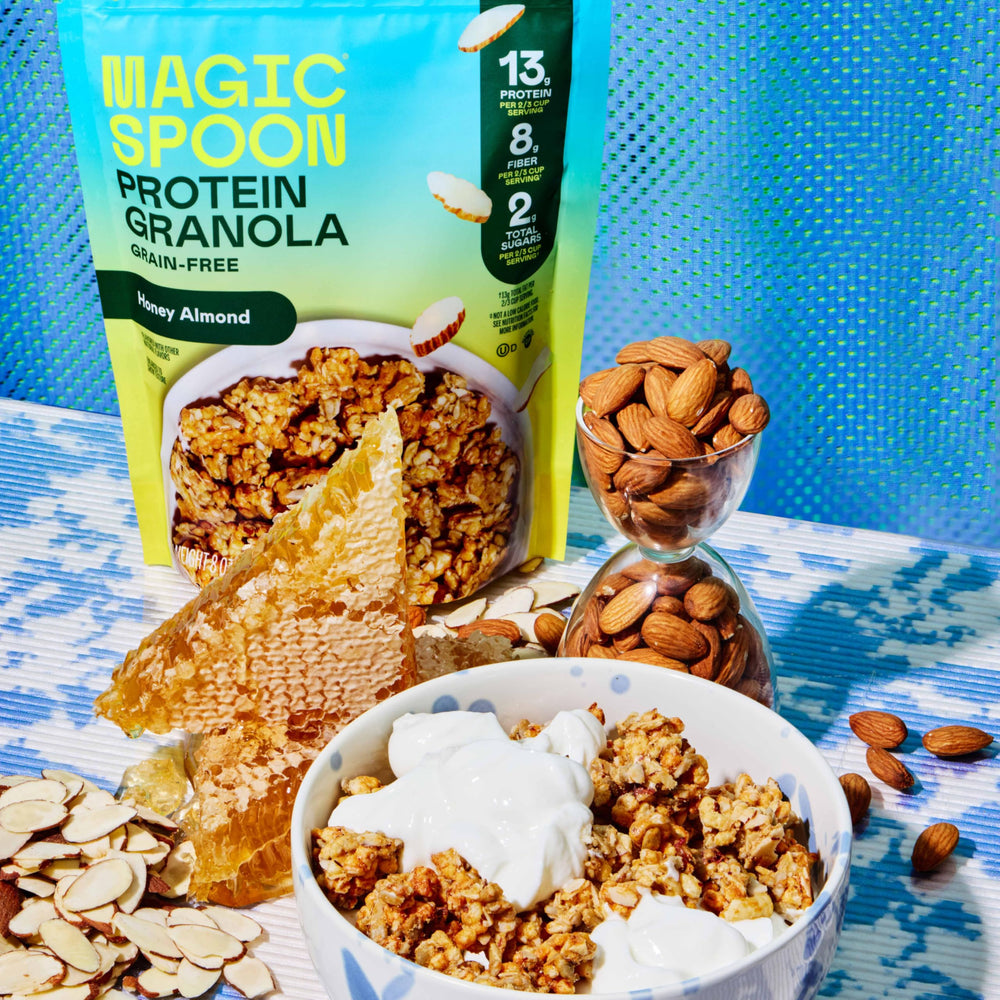 Keto-friendly label on Magic Spoon granola emphasizes low sugar.