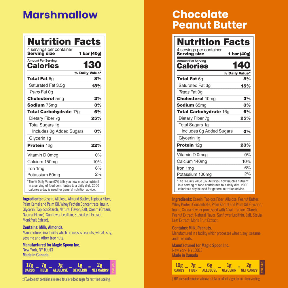 Magic Spoon nutrition label close-up showing protein per bar and low carb benefit