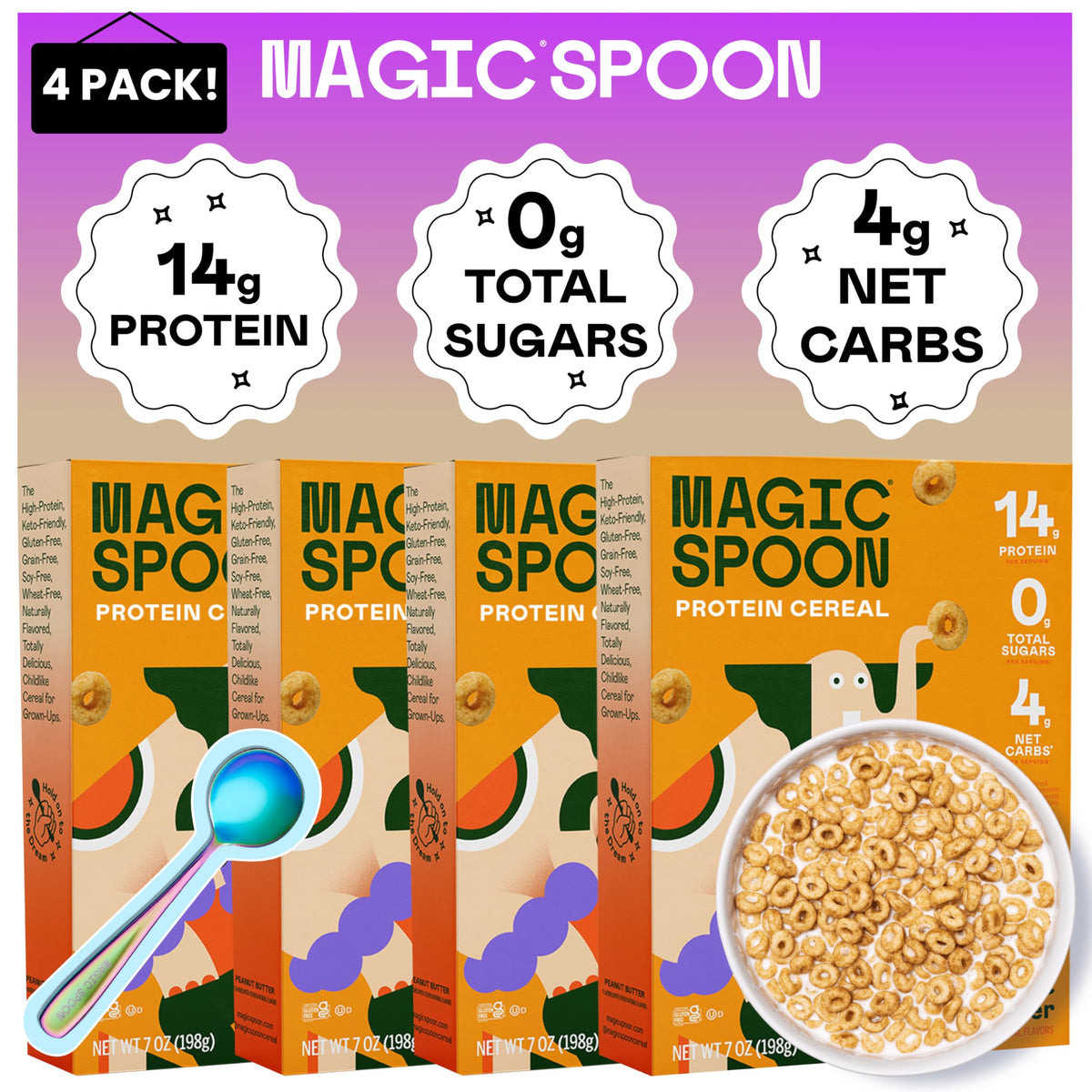 Magic Spoon peanut butter cereal pack highlights high protein and zero sugar.