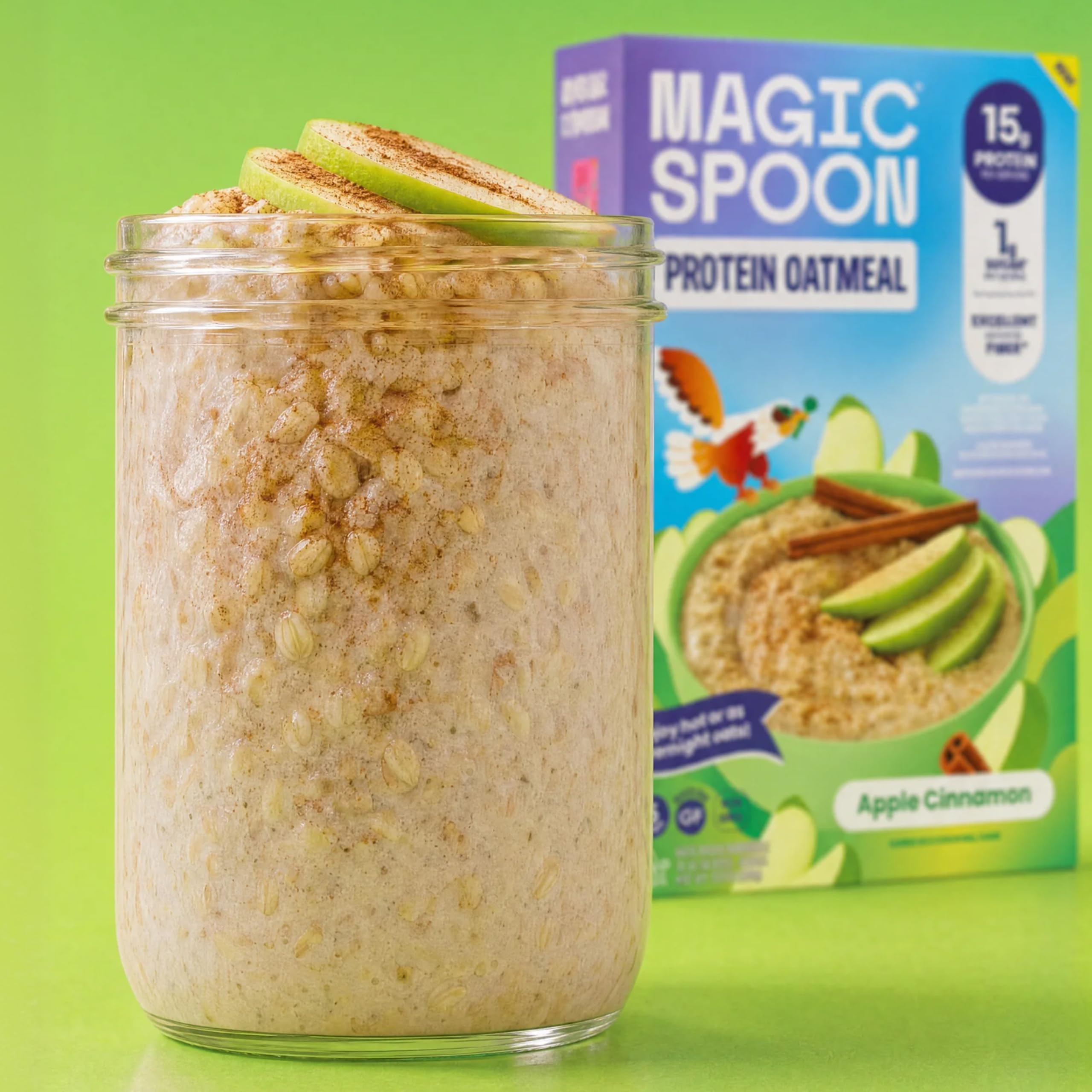 Magic Spoon pouch next to measuring cup showing single-serve convenience