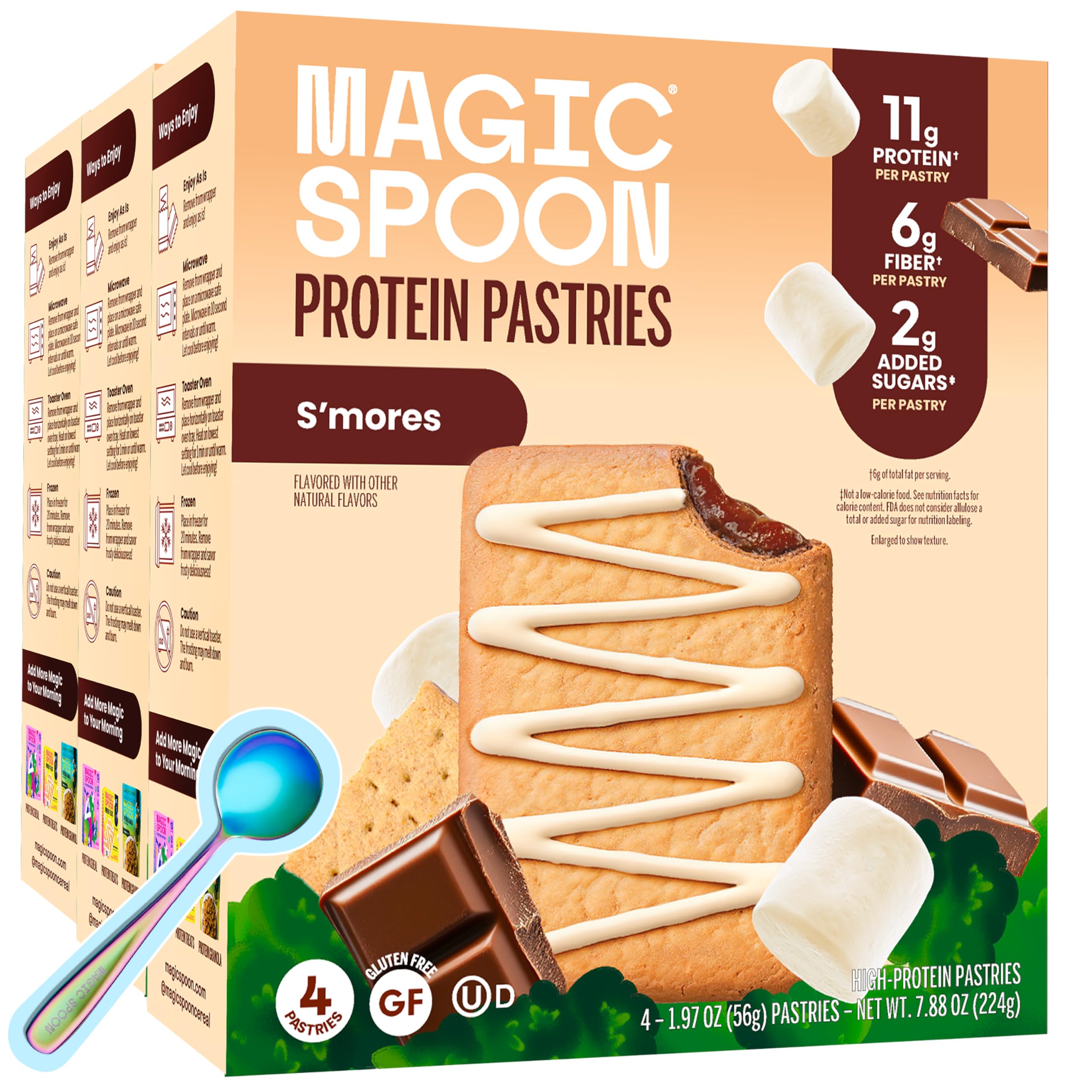 Magic Spoon front packaging showing three boxes and nutrition callouts