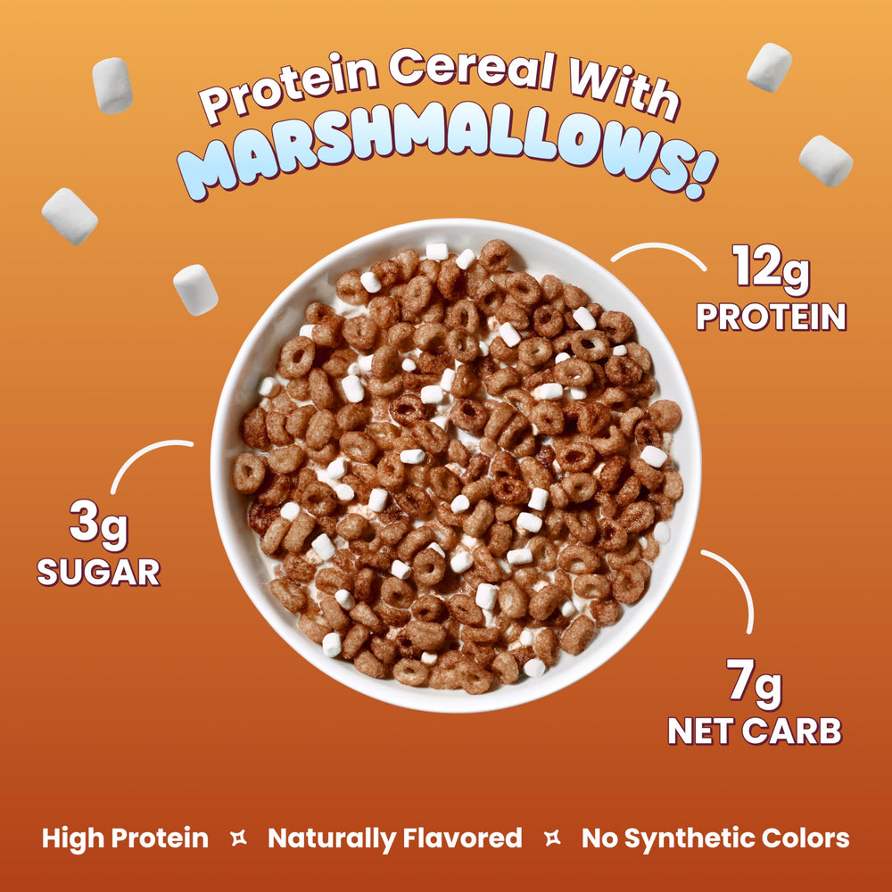 Magic Spoon bowl with spoon pouring cereal, showing high-protein breakfast benefit