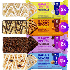Magic Spoon front packaging showing eight high-protein cereal bars and benefits