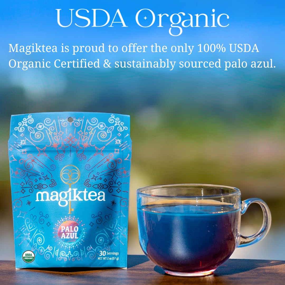 Organic Palo Azul leaves in plant-based tea bags.