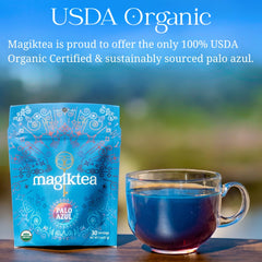 Organic Palo Azul leaves in plant-based tea bags.