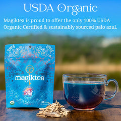 Magiktea Palo Azul packaging hero featuring USDA Organic label.