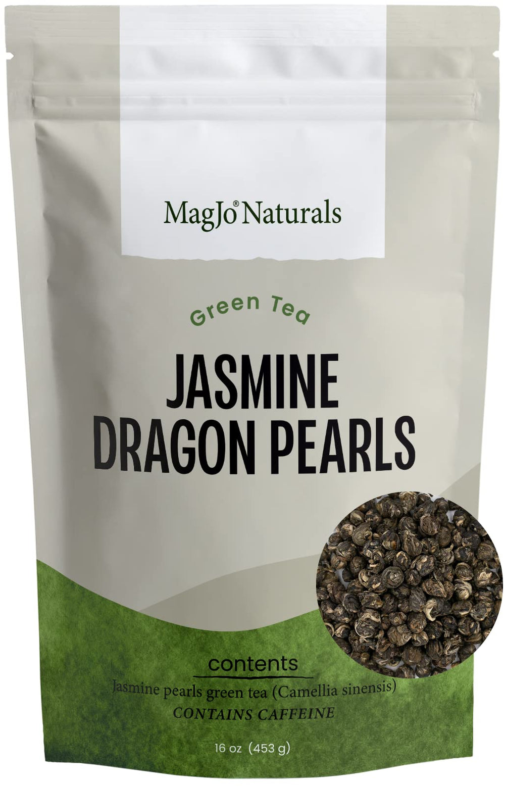 MagJo Jasmine Dragon Pearls in a resealable pouch to keep freshness