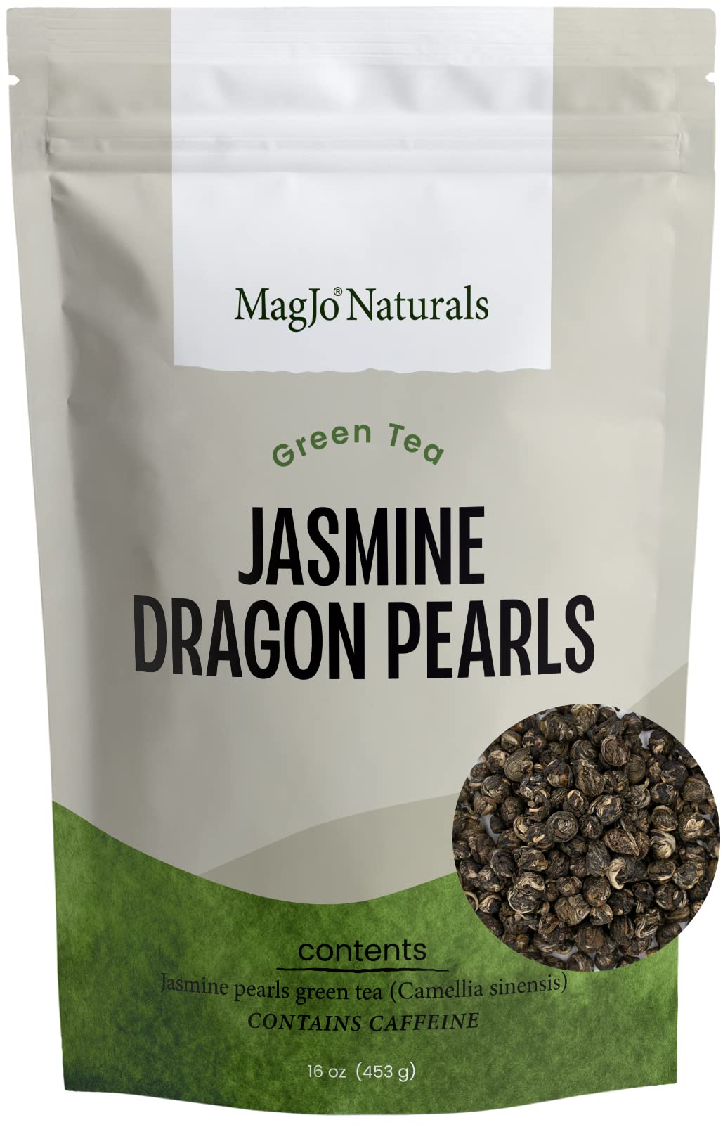 MagJo Jasmine Dragon Pearls in a resealable pouch to keep freshness
