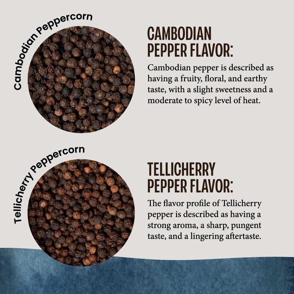 MagJo Naturals whole peppercorns beside grinder for fresh grinding