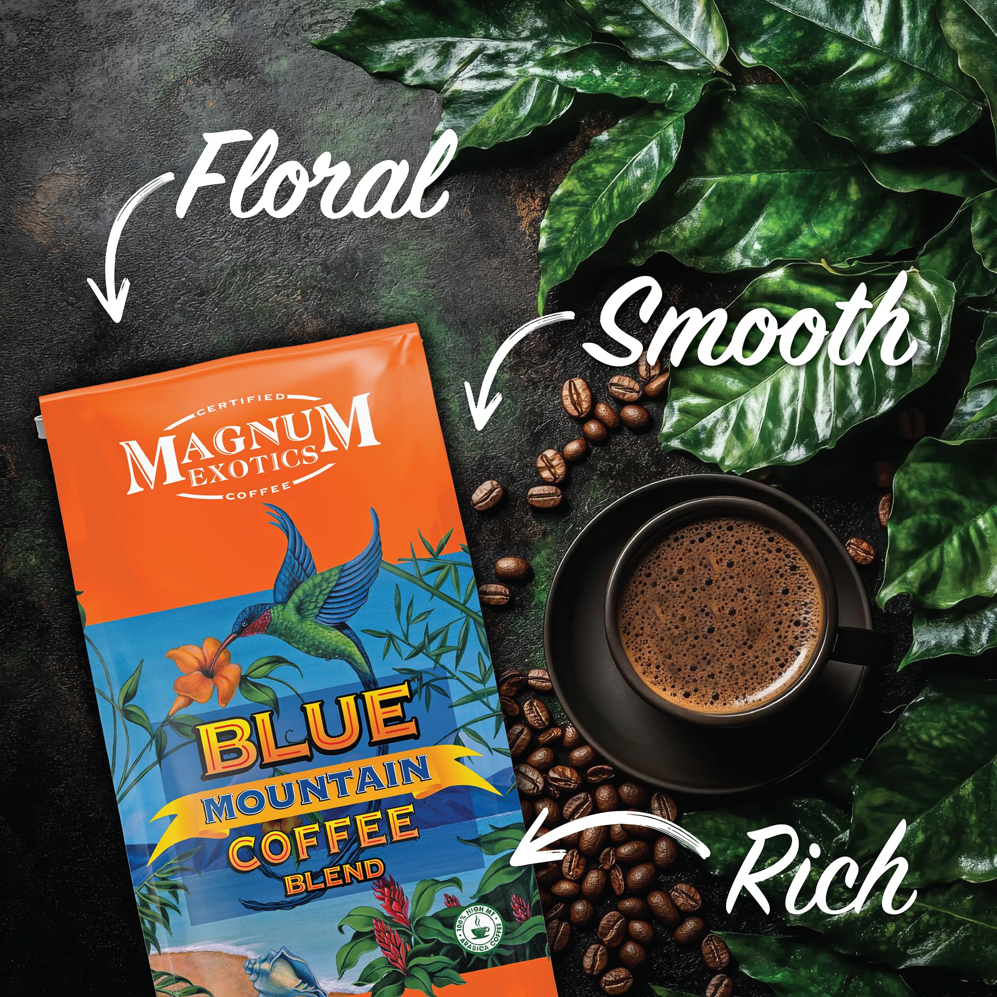 Magnum Exotics Blue Mountain Blend small batch roast highlights smooth body