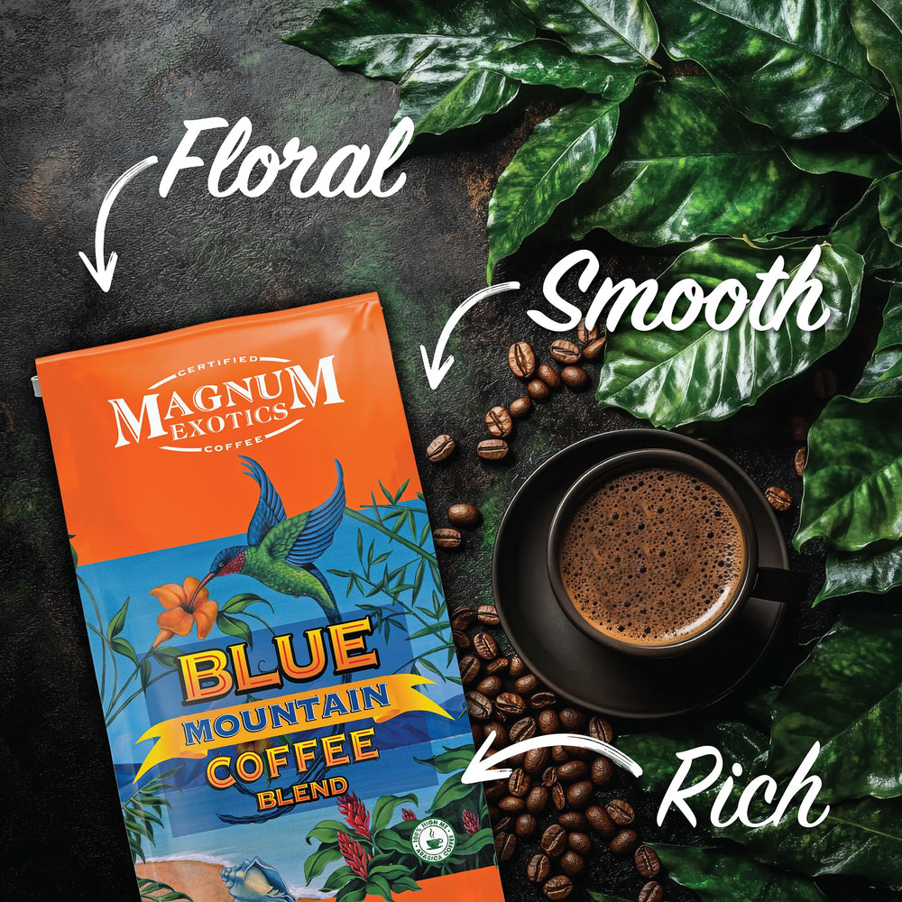 Magnum Exotics Blue Mountain Blend small batch roast highlights smooth body