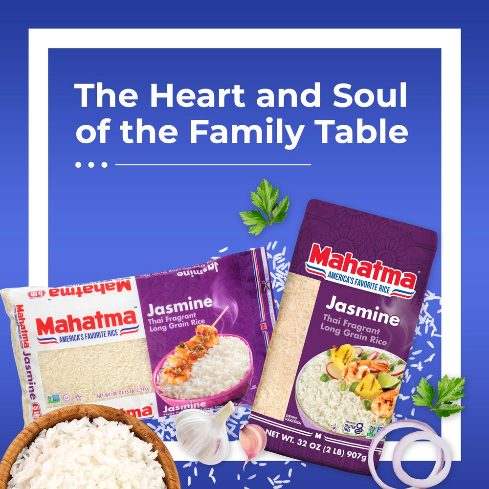 Mahatma Jasmine rice with Cambodian-inspired dish on a serving platter.