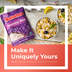 Mahatma Jasmine Rice served on a dinner plate with toppings.