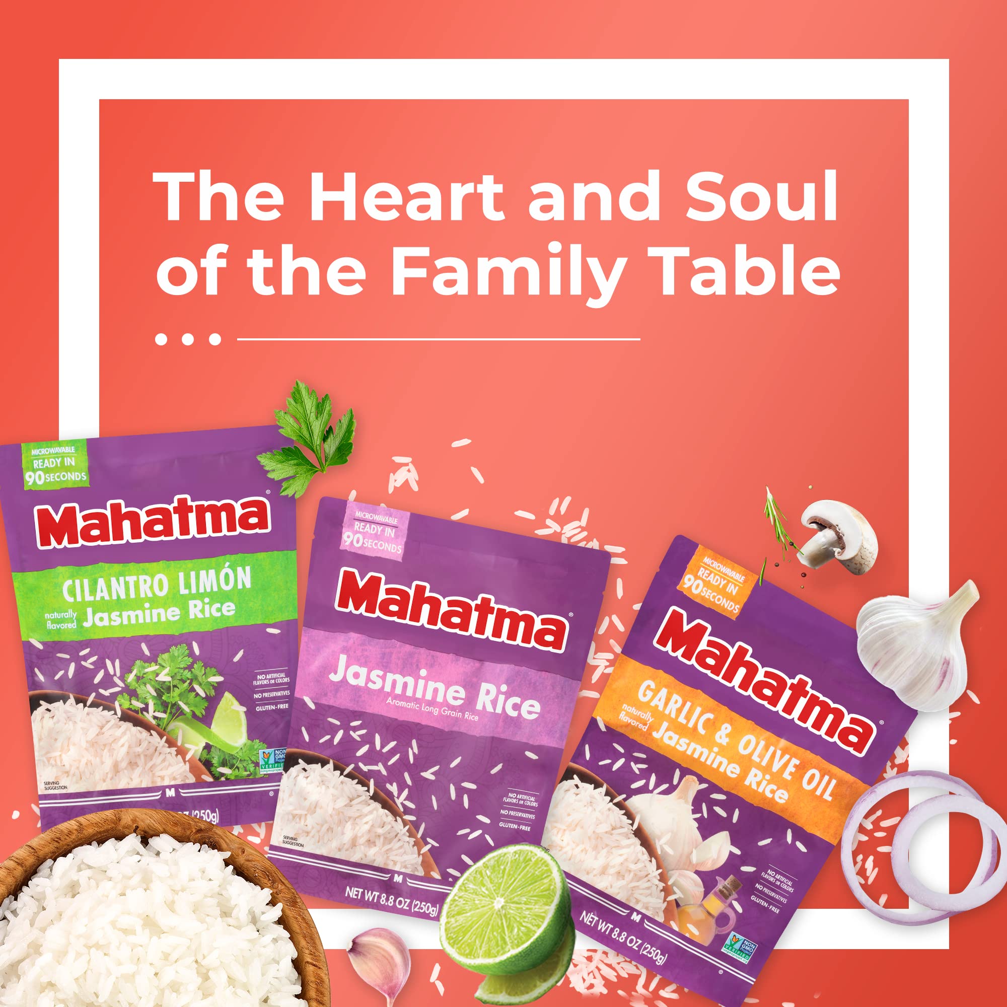 Mahatma Jasmine Rice with herbs and vegetables as suggested ingredients.