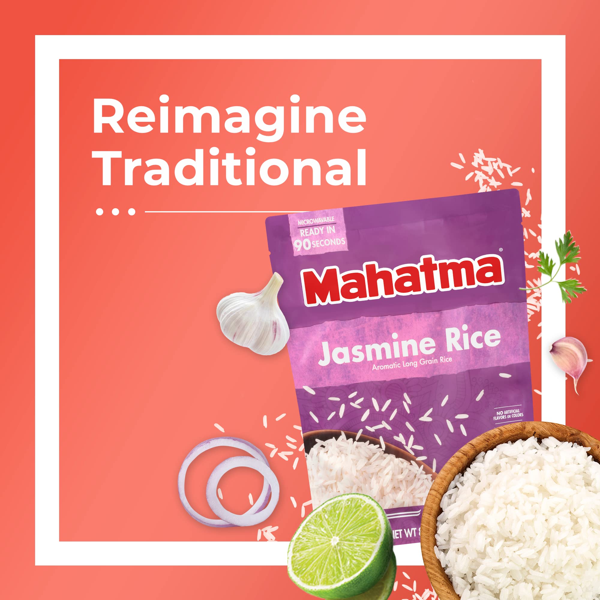 Closeup of Mahatma Jasmine Rice pouch for quick prep.