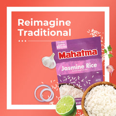 Closeup of Mahatma Jasmine Rice pouch for quick prep.