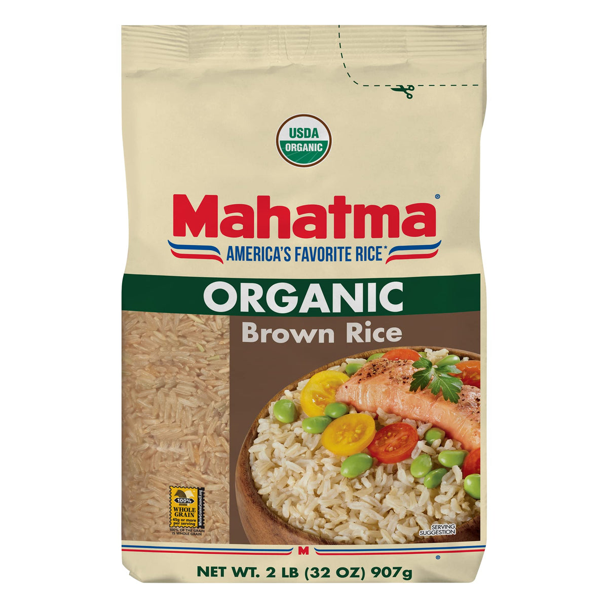 Mahatma Organic Brown Rice 2lb bag, a versatile pantry staple.