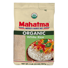 Mahatma Organic White Rice 2lb bag, pantry staple for quick meals.