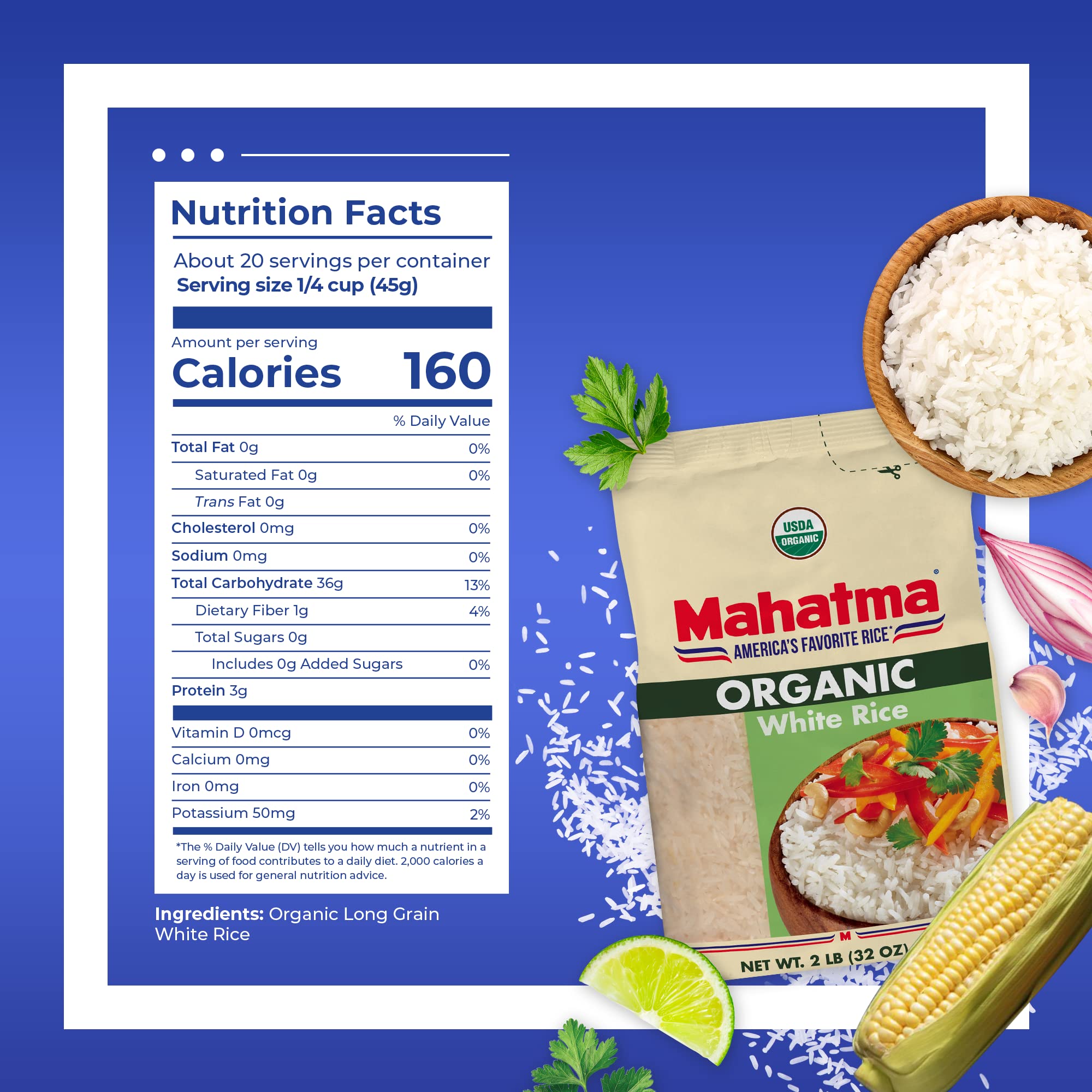 Close-up of Mahatma Organic White Rice grains, uniform texture for fluffy results.