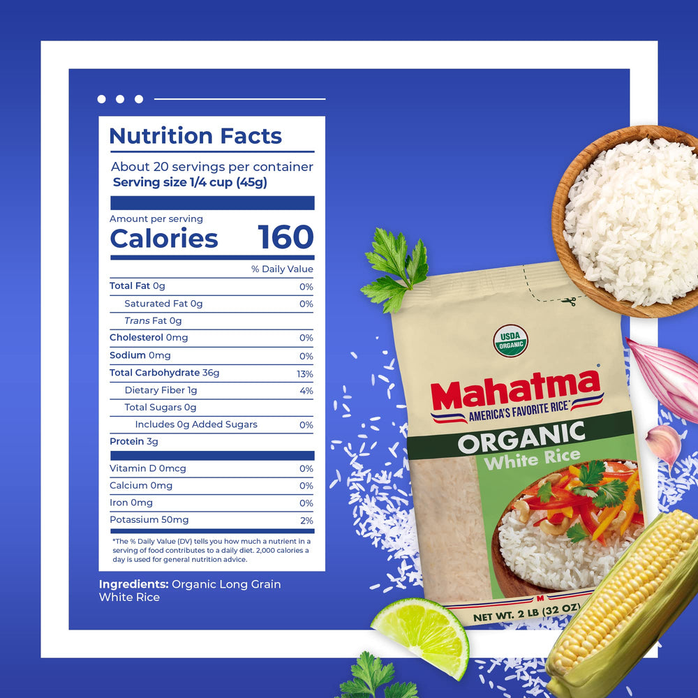 Close-up of Mahatma Organic White Rice grains, uniform texture for fluffy results.