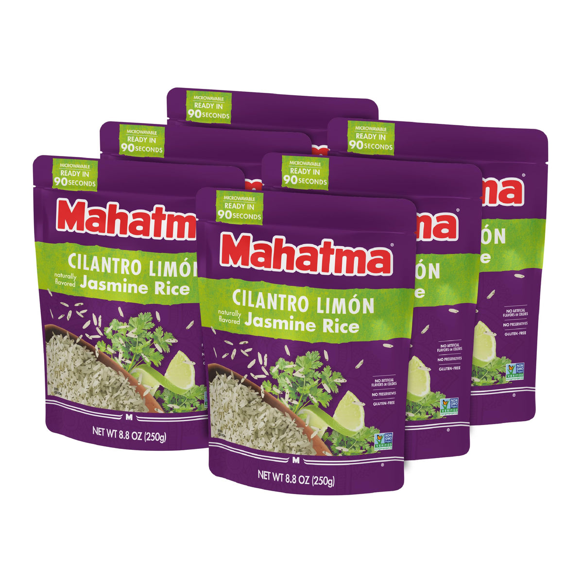 Mahatma Ready-to-Heat Cilantro Limón Jasmine Rice bags; quick meal base.