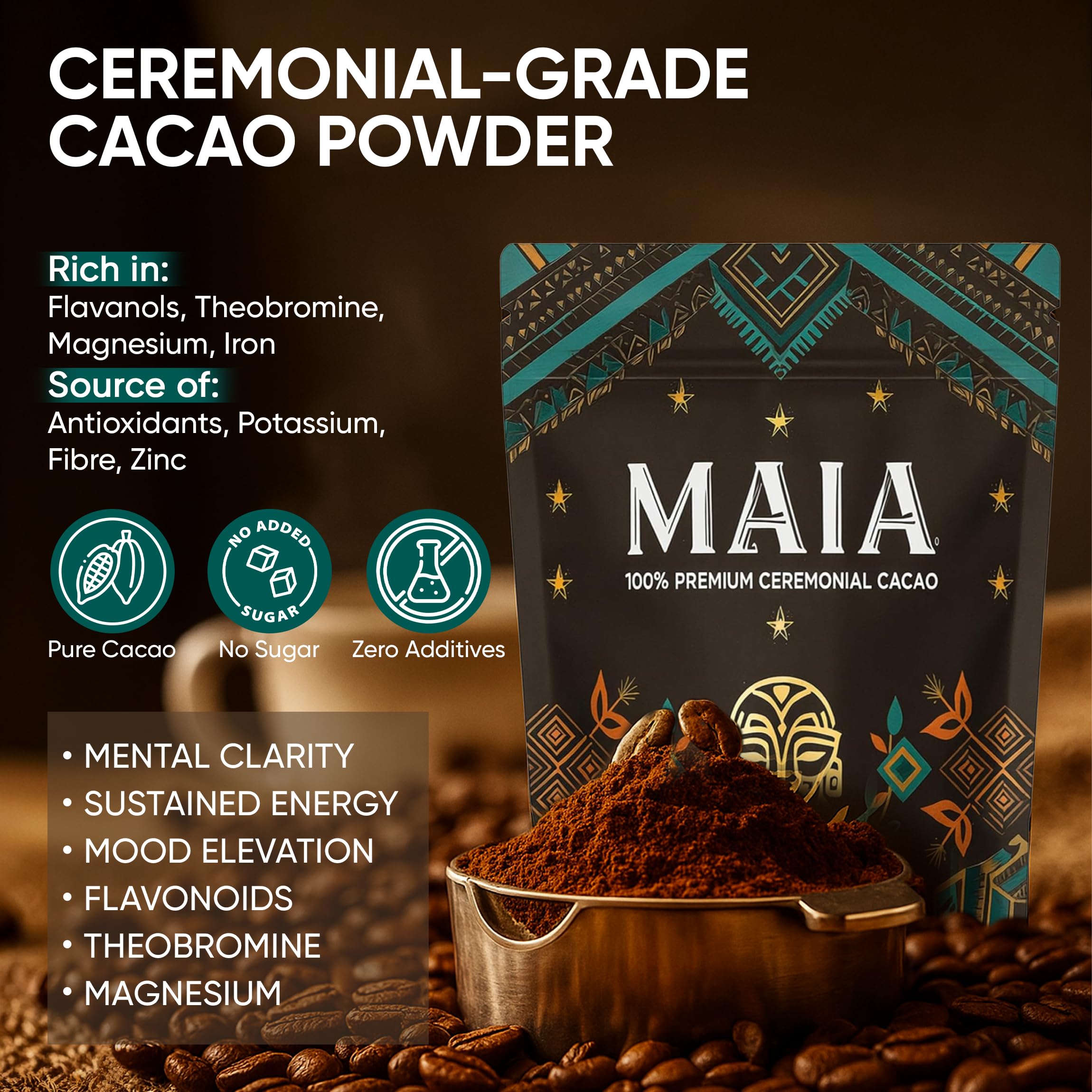 MAÏA cacao powder bottle shown for cardiovascular wellness support.