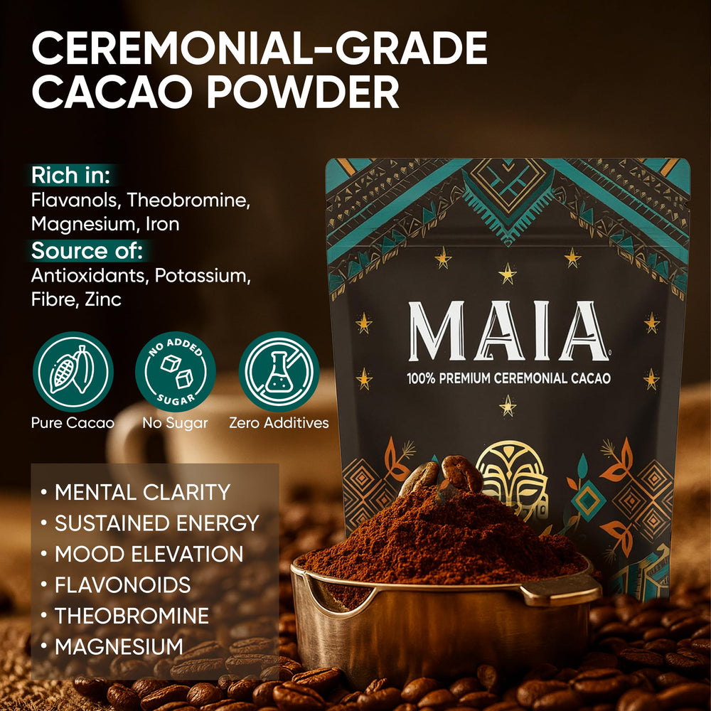 MAÏA cacao powder bottle shown for cardiovascular wellness support.
