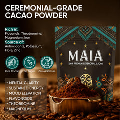 MAÏA cacao powder bottle shown for cardiovascular wellness support.
