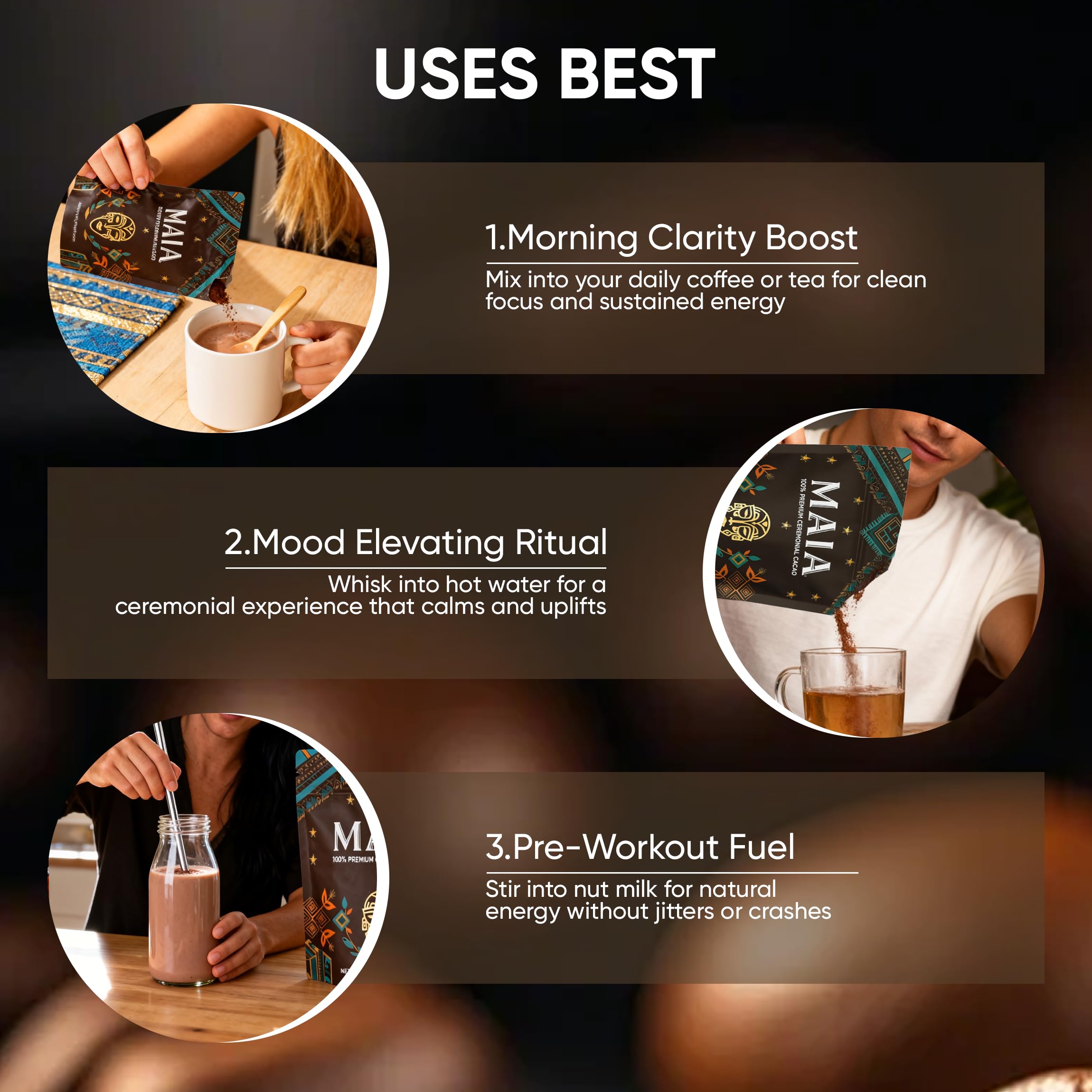 MAÏA cacao powder in cup for mindful ritual and daily vitality.