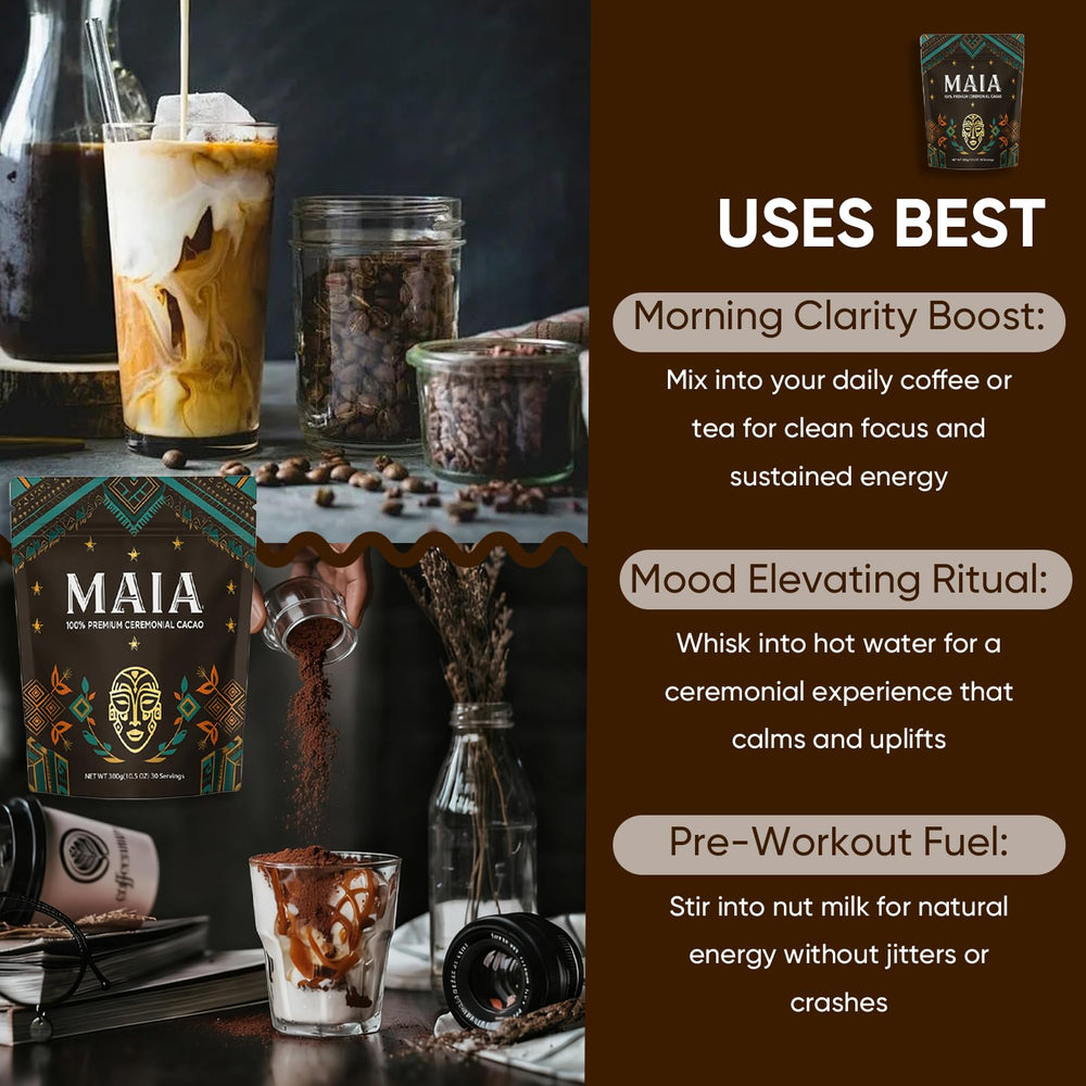 Maia Ceremonial Cacao benefits infographic highlighting flavonoids and theobromine