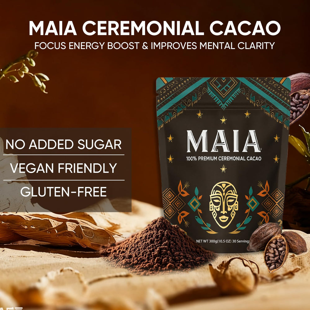 Maia Ceremonial Cacao powder jar closeup, pristine texture for mindful daily use