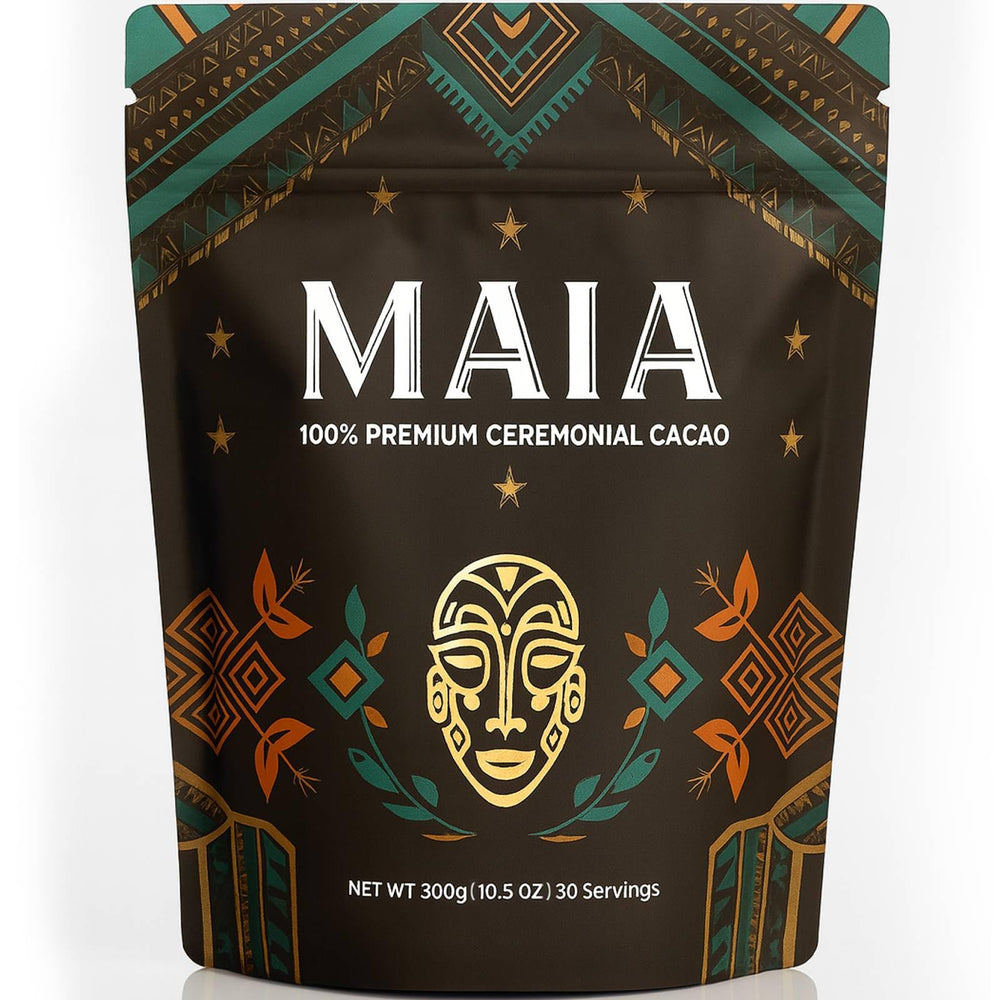 MAÏA ceremonial cacao powder jar for mood balance and steady energy.