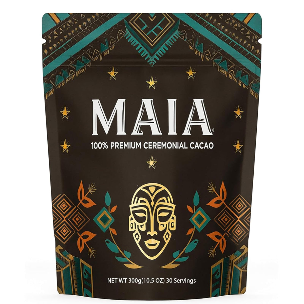 Maia Ceremonial cacao powder packaging showcases organic origins for mindful routines