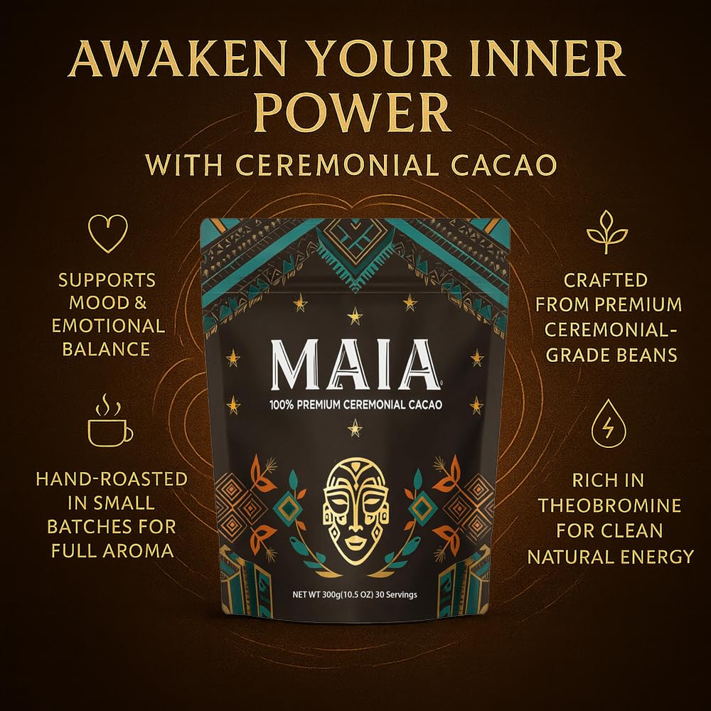 Closeup of Maia Ceremonial cacao powder texture reveals rich, pure cocoa quality