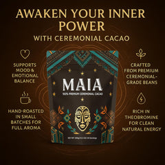 Closeup of Maia Ceremonial cacao powder texture reveals rich, pure cocoa quality