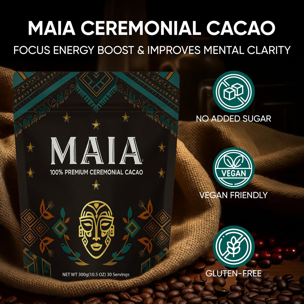 MAÏA magnesium-rich cacao powder pack highlighting minerals.