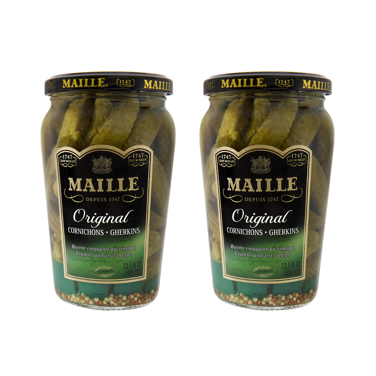 Maille cornichons original bottle closeup showing crisp texture and classic flavor