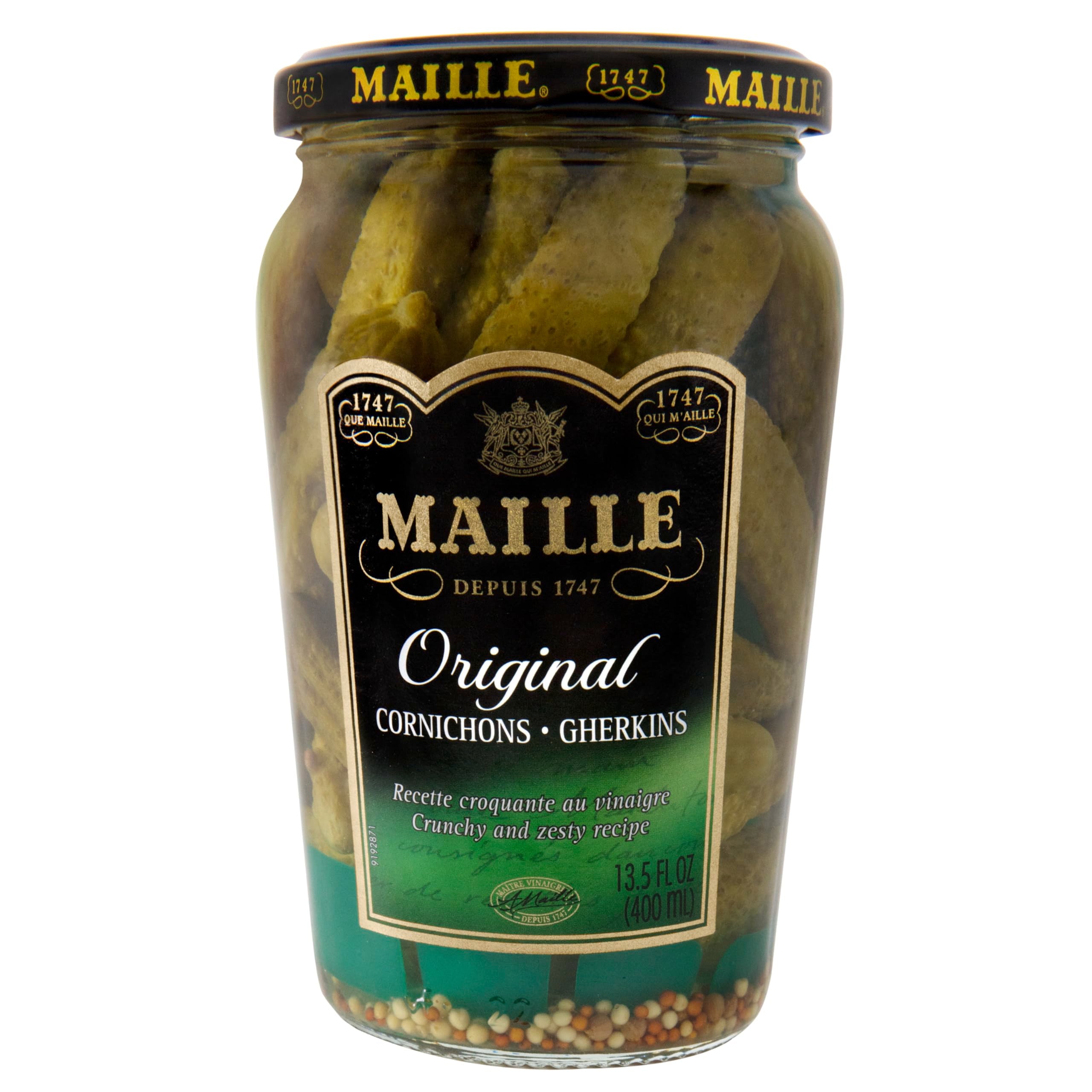 Maille Cornichons Original jar front view perfect for gourmet sandwich garnishes