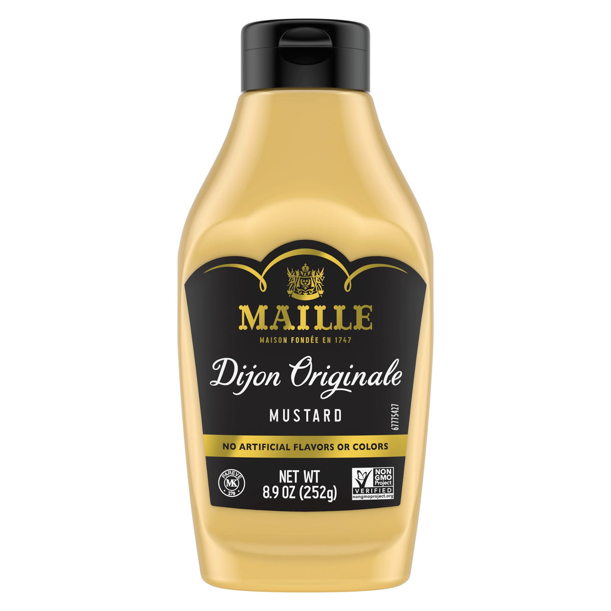 Maille Dijon Originale bottle showing creamy texture ideal for sauces.