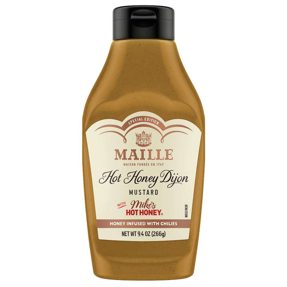 Maille x Mike's Hot Honey Dijon bottle displaying premium flavor for sandwiches