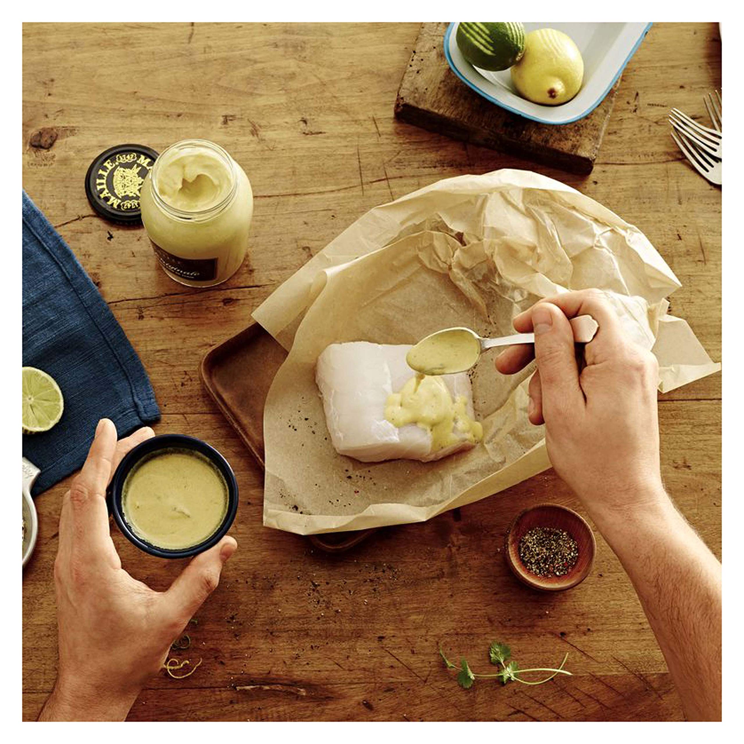 Kitchen scene showing mustard variety packs for pantry cooking.