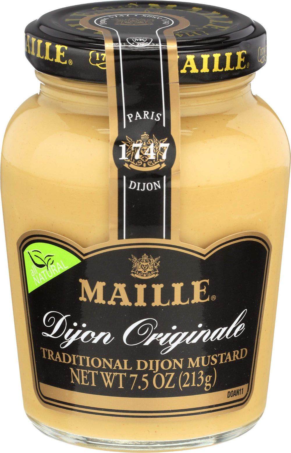 Maille Natural Dijon Mustard jar front showcases authentic Dijon heritage for classic pairings
