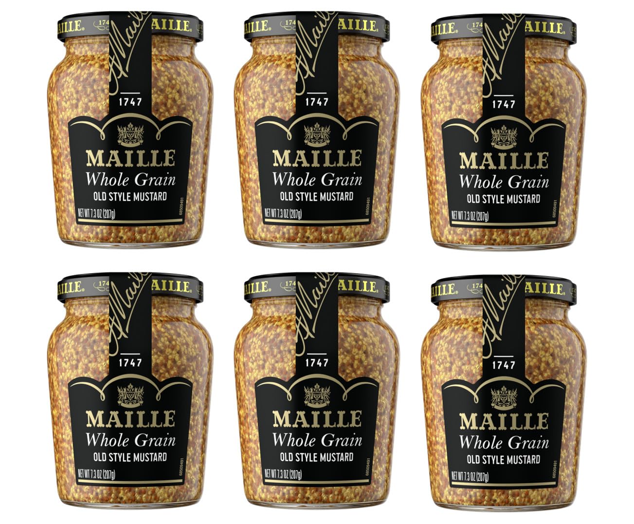 Maille Old Style Mustard jar close-up shows grainy texture for bold flavor in sauces