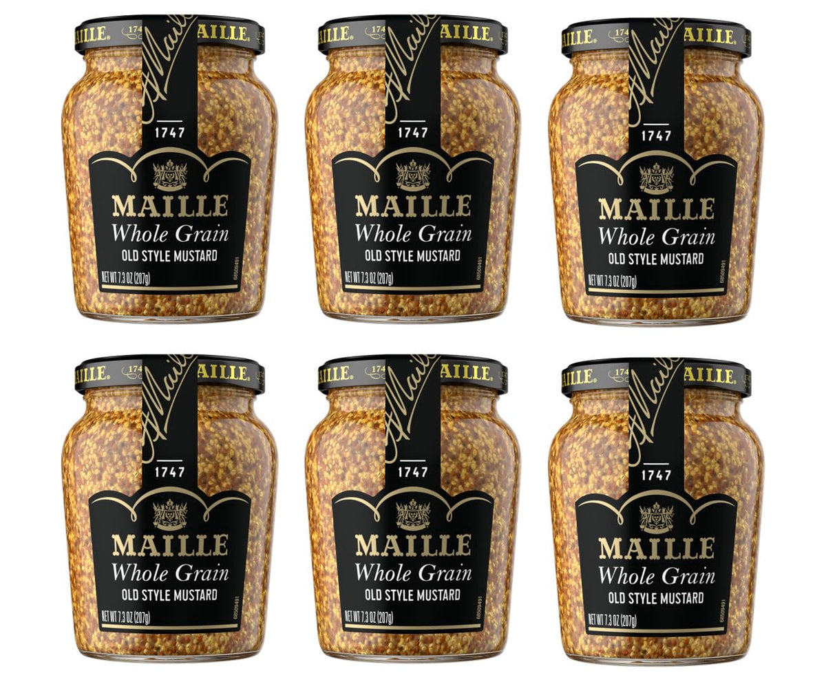 Maille Old Style Mustard jar close-up shows grainy texture for bold flavor in sauces