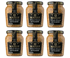 Maille Old Style Mustard jar close-up shows grainy texture for bold flavor in sauces