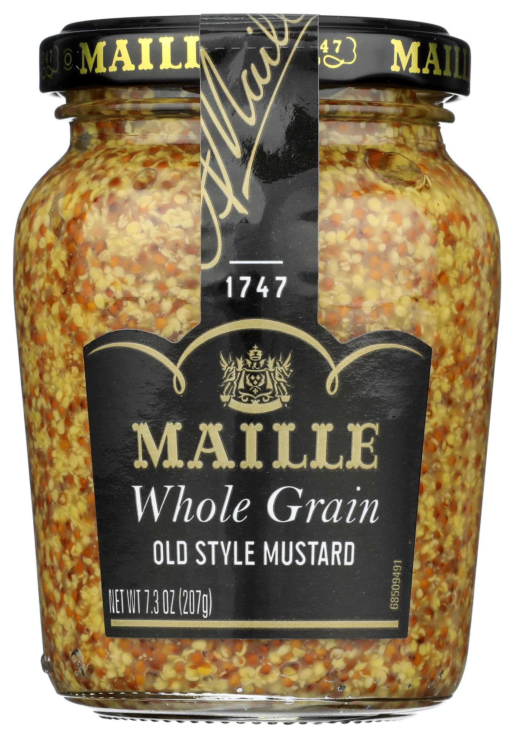 Maille Old Style mustard jar on a counter adding bold flavor to sandwiches