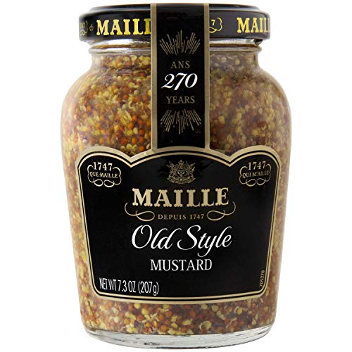 Maille Old Style Mustard whole seeds close-up with grainy texture for dressings