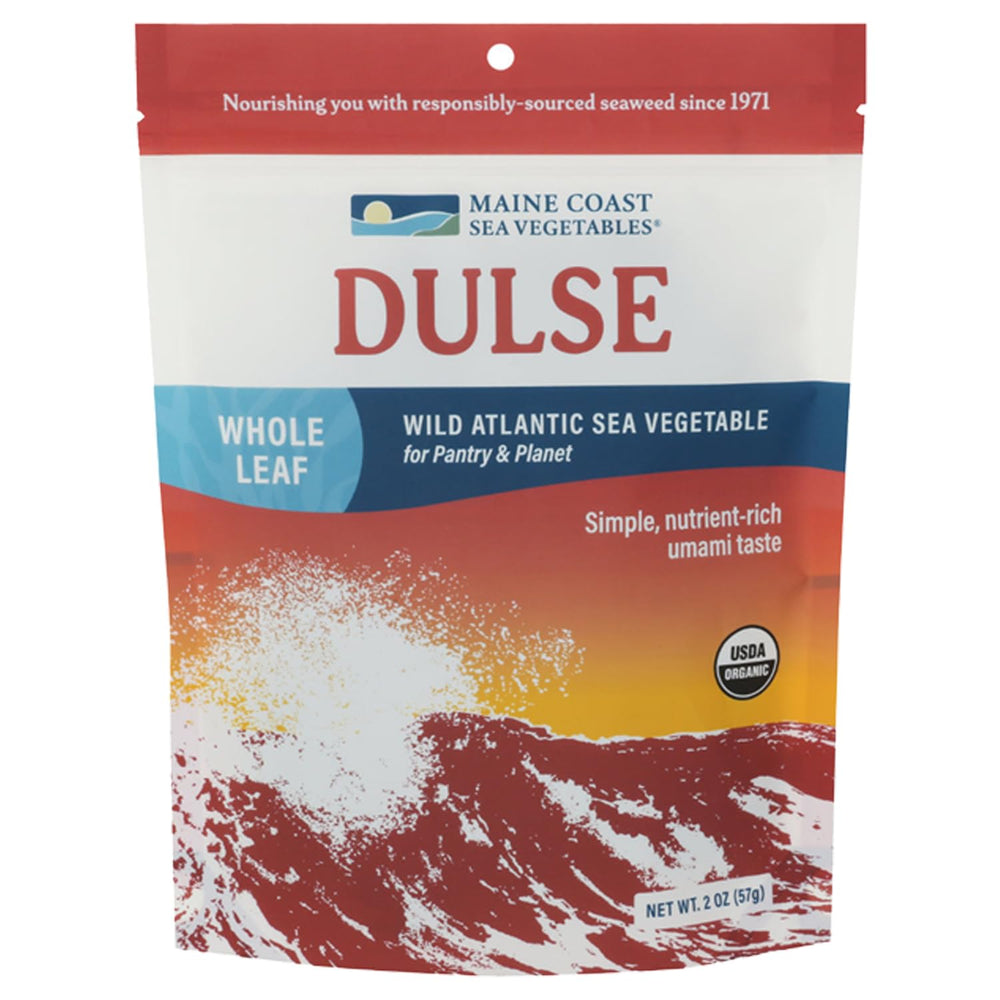 Maine Coast Sea Vegetables dulse whole leaf in bag, savory snack ready to enjoy.