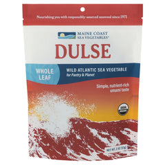 Maine Coast Sea Vegetables dulse whole leaf in bag, savory snack ready to enjoy.
